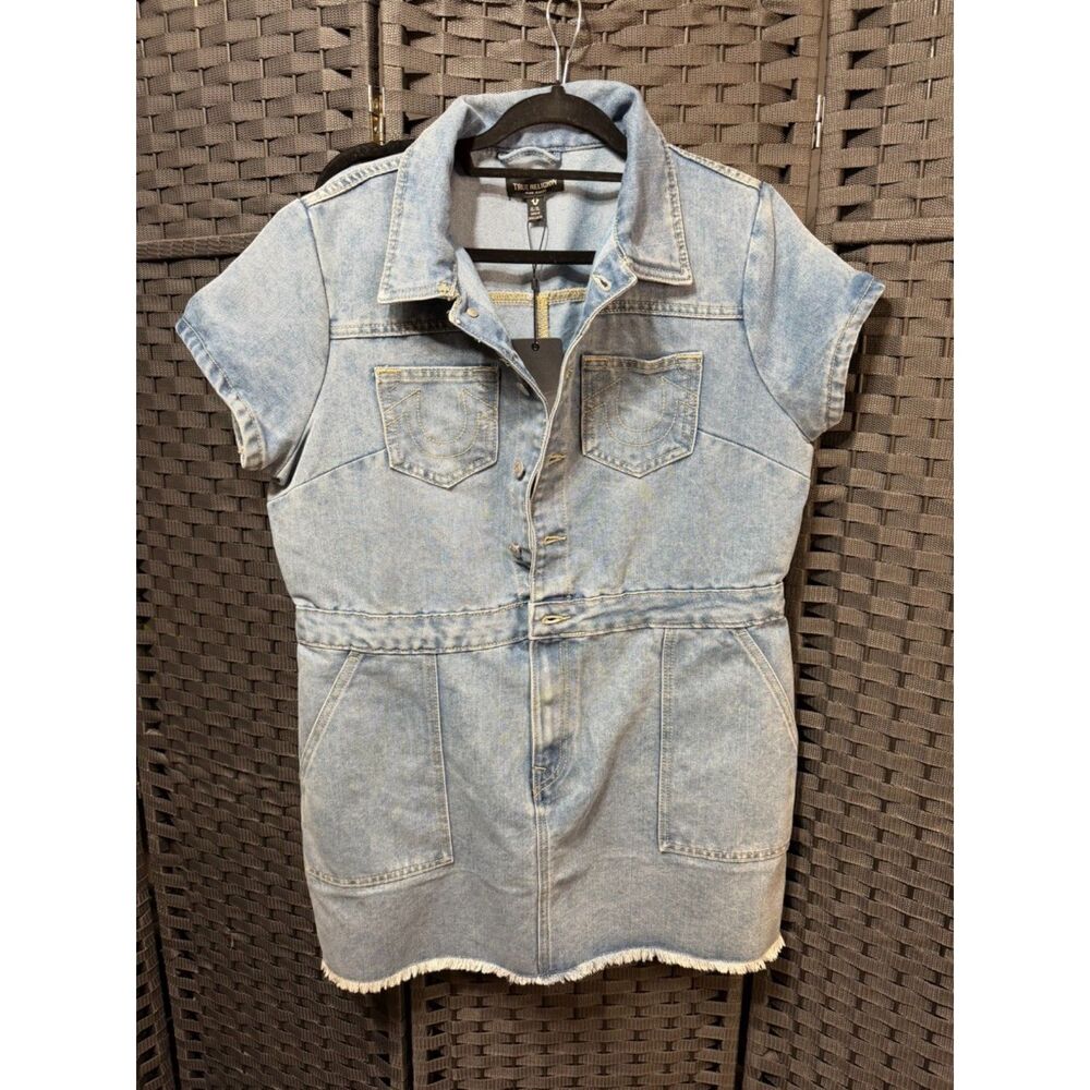 NWT True Religion Denim Mini Dress XL Light Wash Button Front Y2K $159